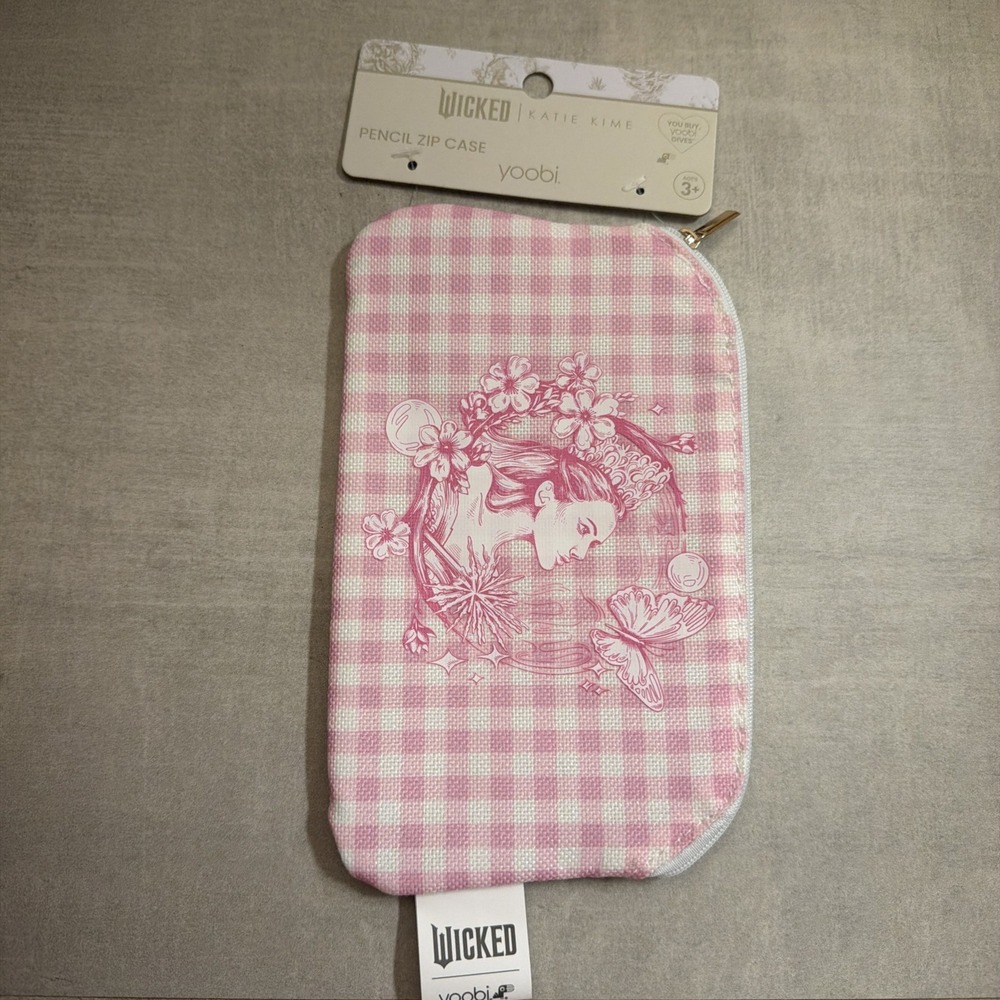 Yoobi Wicked Katie Kime Pencil Case Pink & Green Gingham Pattern Witchy NWT